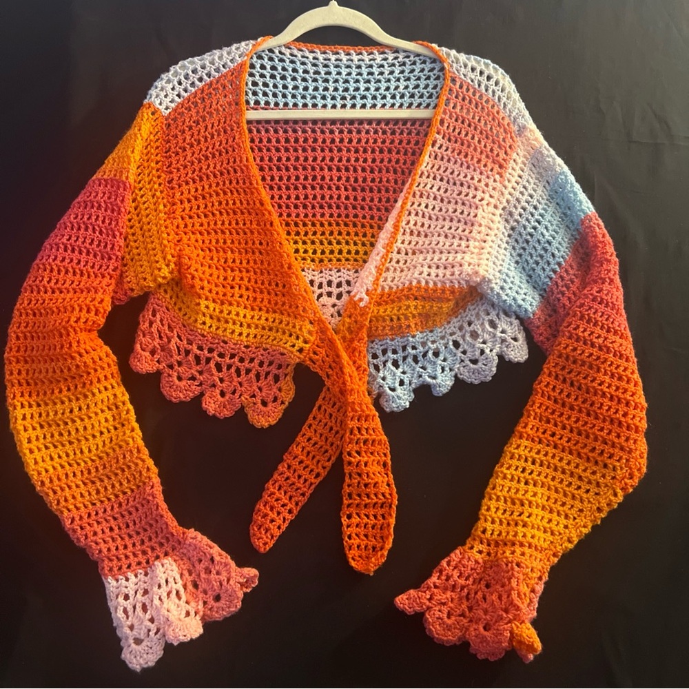 Vibrant Multicolor Crochet Tie-Front Cardigan